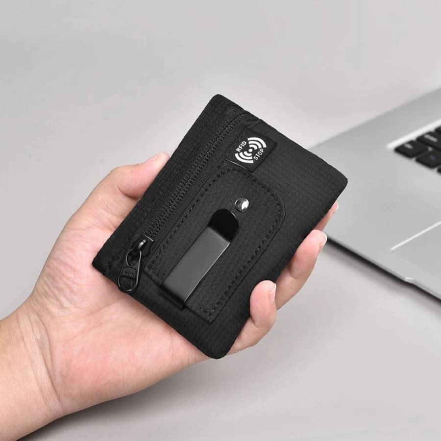Mini Portamonete in Tessuto Semplice con Cerniera e Clip da Cintura, Borsa Porta Soldi Anti-RFID Non Intrecciata per Contanti e Monete