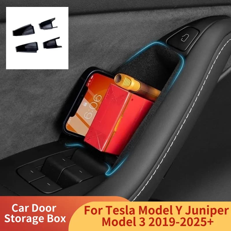 Scatola portaoggetti per portiera auto per Tesla Model Y Juniper Model 3 2019-2025 + Coperture tascabili ABS Vassoio floccato Scatola organizer Accessori auto