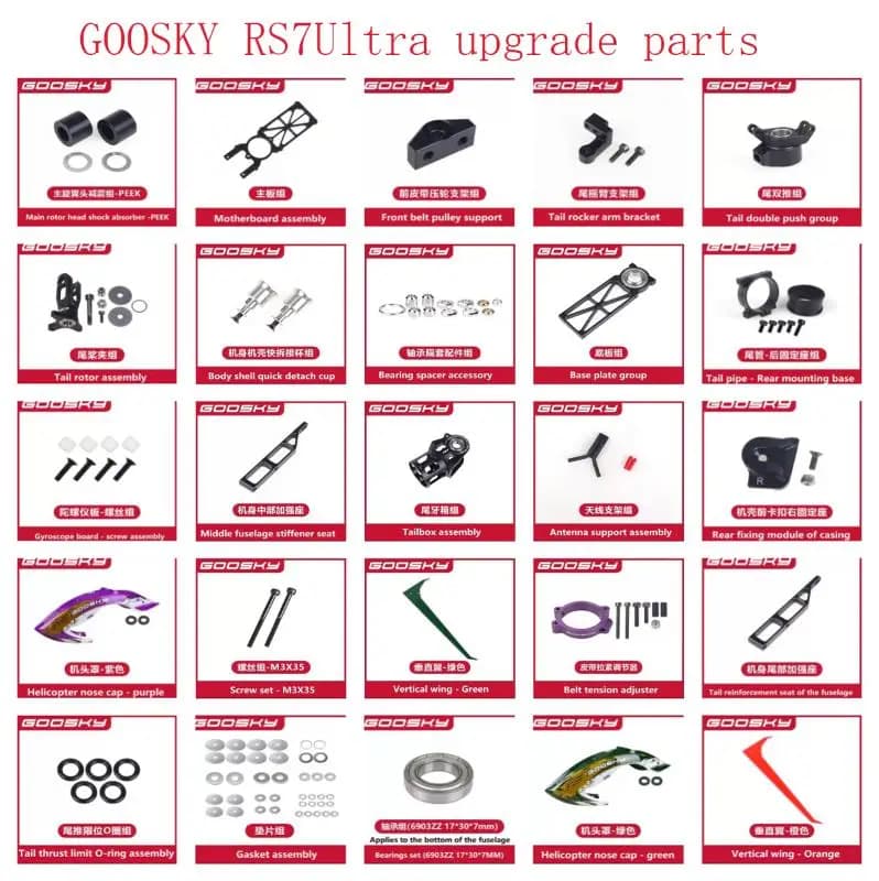 Componenti di aggiornamento per elicottero RC GOOSKY RS7 Ultra-700 Series - Scatola ingranaggi coda, Staffa di rinforzo fusoliera, Coperchio testa, Guarnizione
