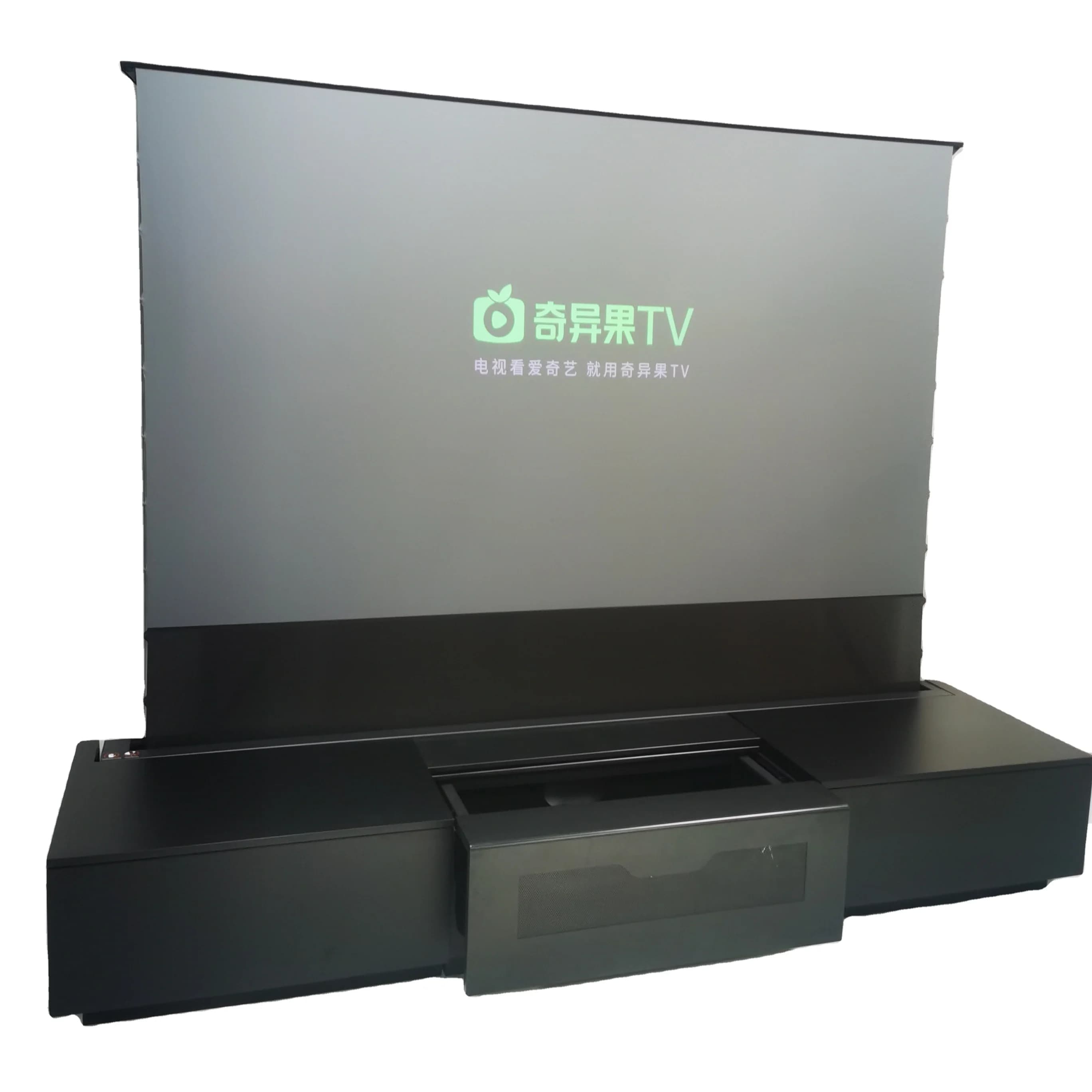 Schermo per proiettore elettrico da pavimento CBSP da 100 o 120 pollici con mobile integrato per home theater, schermo per proiettore a ottica ultra corta