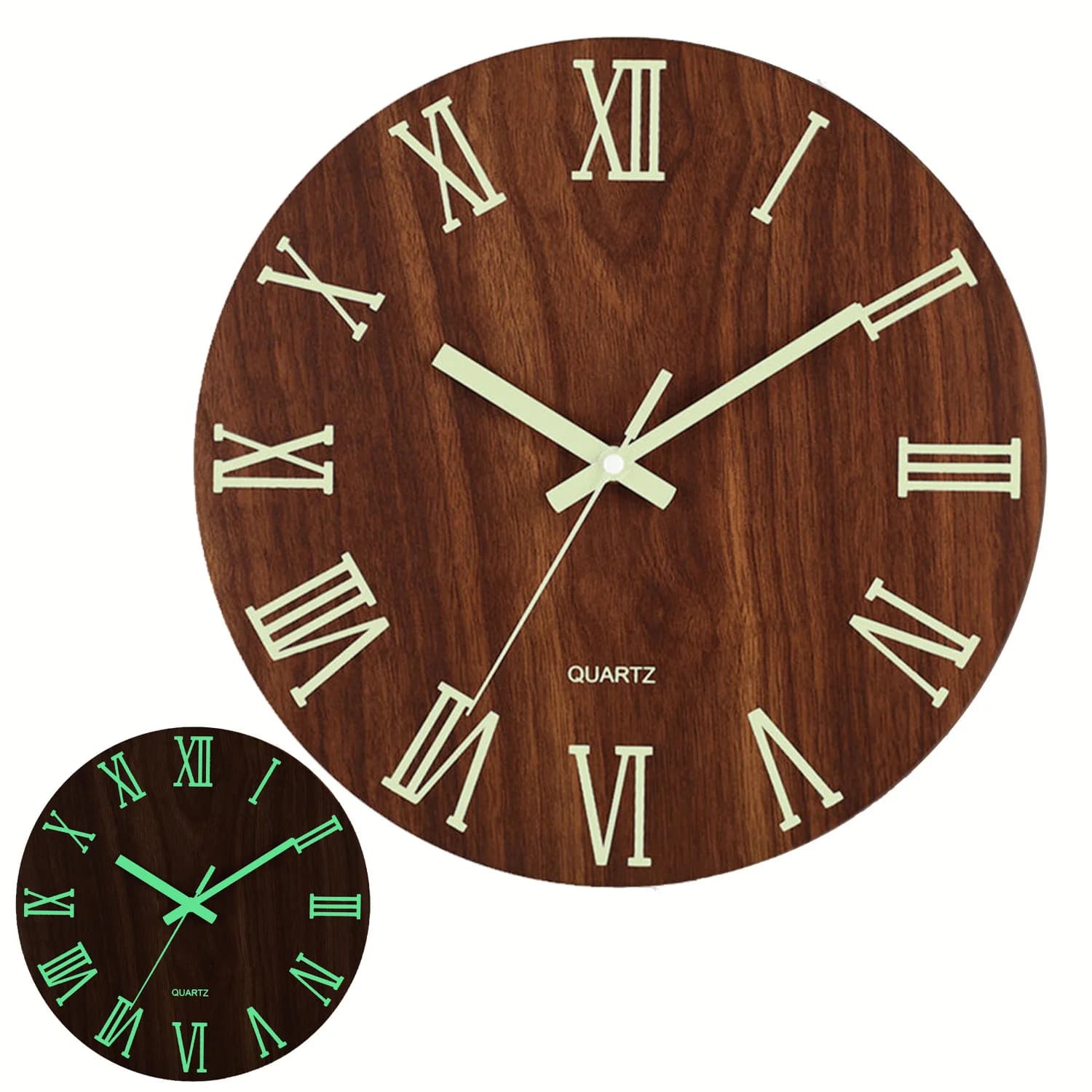 Wall clock glow-in-the-dark in wood from 1 pcs, wall clock with Roman numerals with vein of brown retro wood, silent watch, home decorations