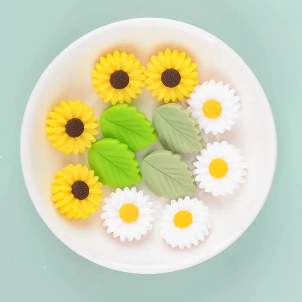 LOFCA Leaf 5 pz/10 pz girasole carino perline in Silicone margherita commestibile foglie massaggiagengive BPA-Free bambino pupazzo di neve giocattolo catena accessori