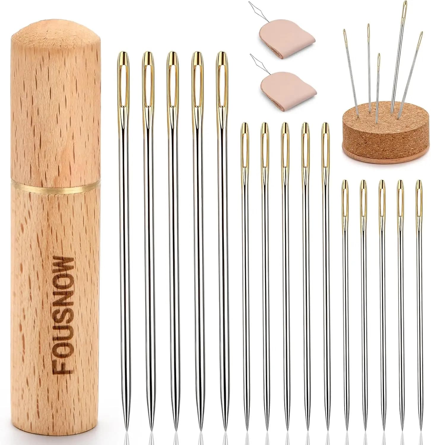 Kit di aghi da cucito a mano con infilatori, cuscino porta aghi in legno, tre misure per cucito, riparazioni e artigianato