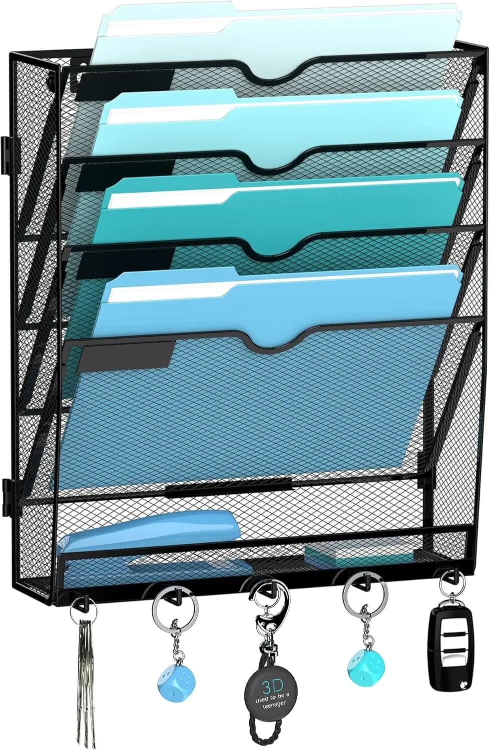 5-Tier Wall File Organizer with Hooks, Mail Holder for Papers, Folders, Magazines, Office & School, Black