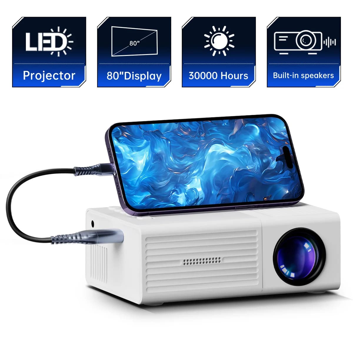 MAOHUTER Mini Portable Projector 80In Large Display LED Projector Supports 1080P 4K Ultra-Portable For Little Campers Nighttime Movie Companion