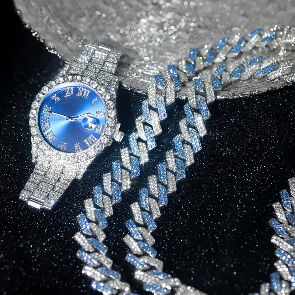 Set of 3 hip-hop jewelry with watch, blue and silver Cuban chain with diamonds set + bracelet, diamond watch for men and women, trendy gift for parties.
