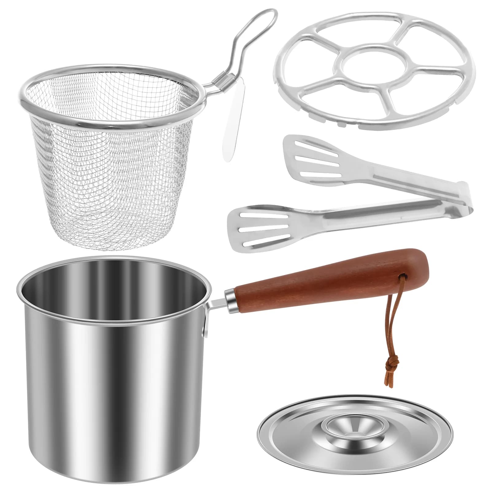 Small frying pan with basket Stainless steel frying pot fast heating with steam cooking basket in mesh Japanese Tempura