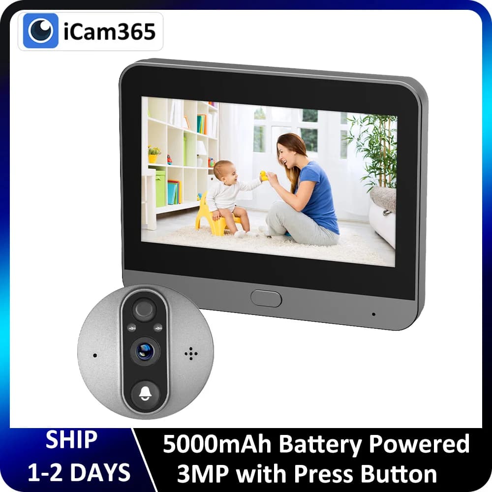 3MP 2.4G WiFi Campanello ICam365 APP 5000mAh Porta Occhio IR Visione notturna Porta Spioncino intelligente Videocitofono Visualizzatore digitale