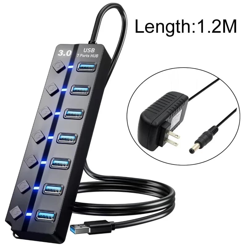 Adattatore di alimentazione USB 3.0 da 120 cm Hub multi splitter a 4/7 porte Hub USB Espansore interruttore Docking station da 30 cm AC 5 V 2A Cavo di alimentazione CC +