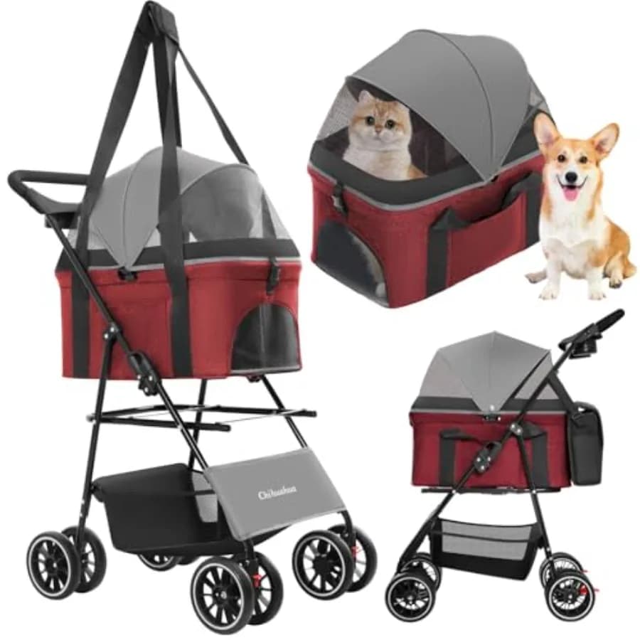 2-in-1 Foldable Pet Stroller with Canopy, 4 Wheels Pet Strolling Cart for Small/Medium Dogs and Cats with Removable Carrier, Br