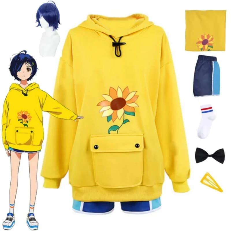 Anime Wonder Egg Priority Ohto Ai Cosplay Women's Sweatshirt Wig Halloween Party Clothing Hoodie Yellow Sunflower Pullover