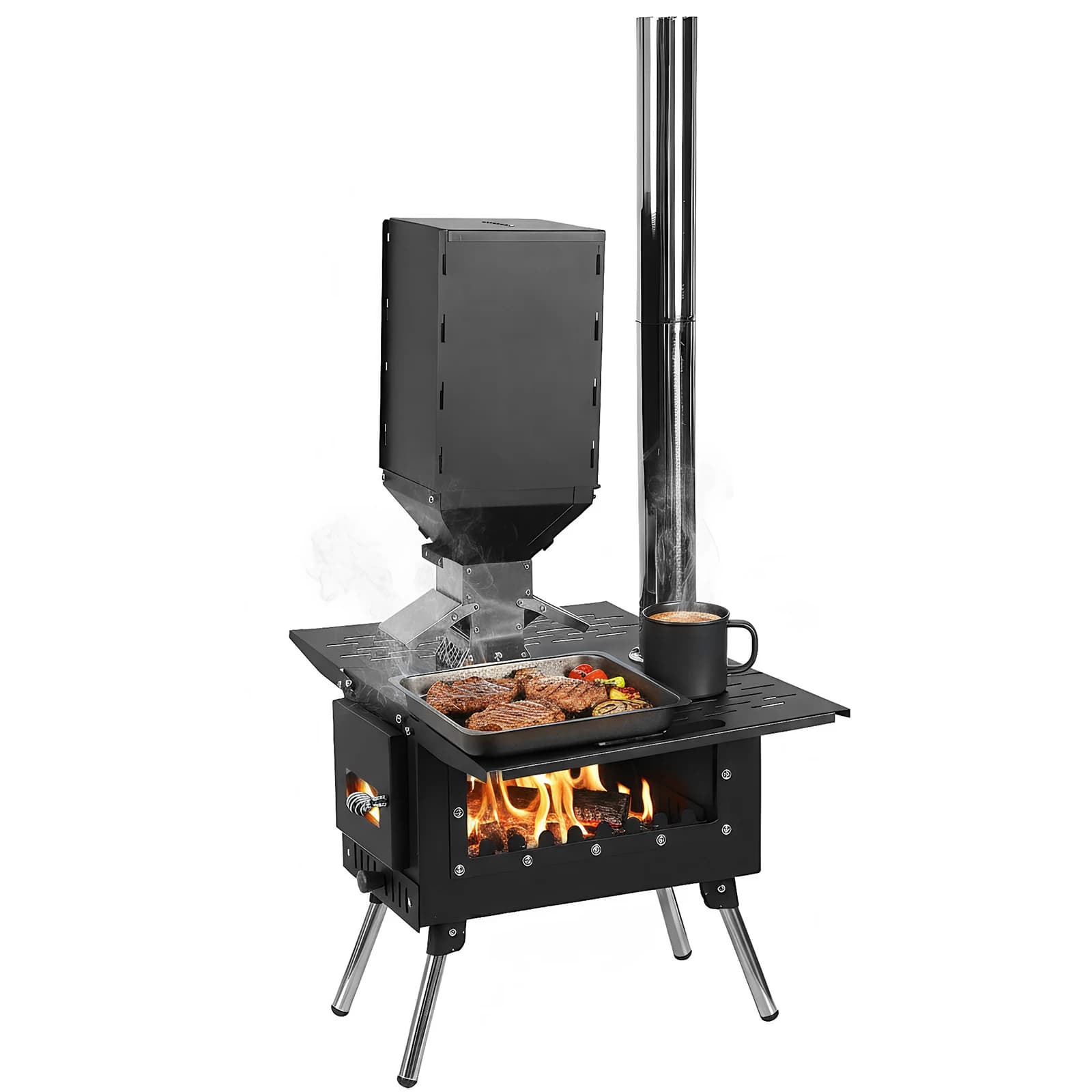 Wood stove with structure in stainless steel, burner and pipes for smoke barrel Included for heating and open kitchen, Ice fishing, Hunting