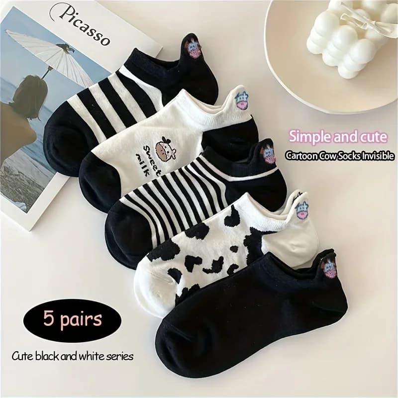 5Pairs Women's Cartoon Cow Print Non-Slip Ankle Socks, Black/White, Summer Breathable Comfortable, Low-Cut Socks, Everyday Socks