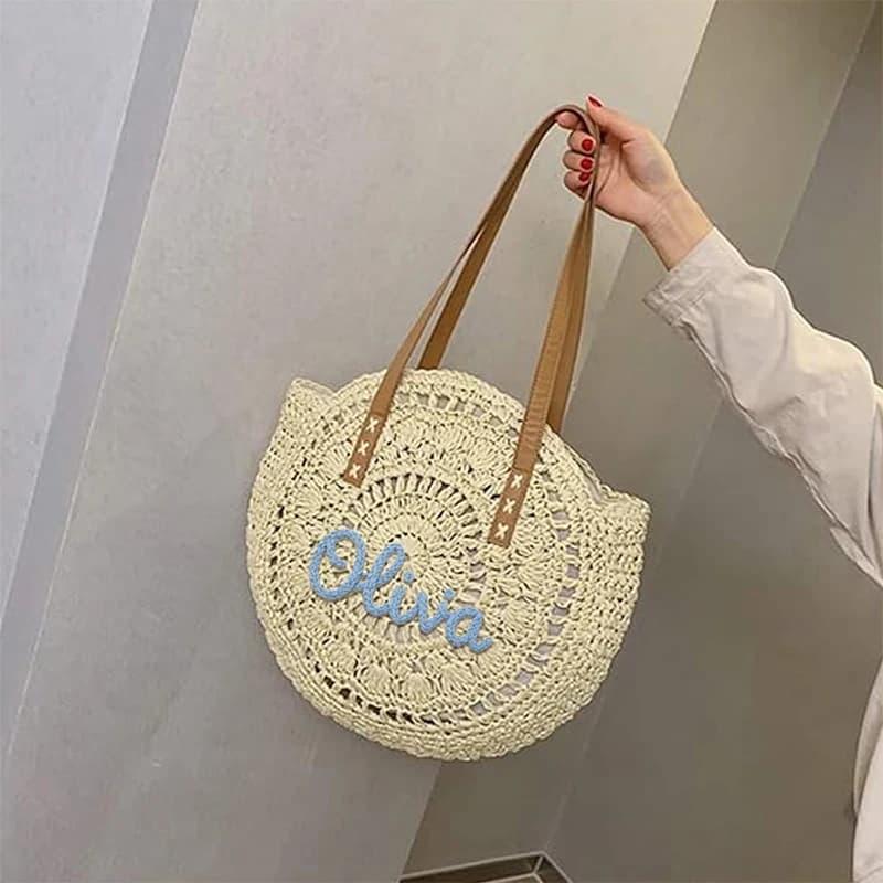 Borsa da Spiaggia Personalizzata con Ricamo per Donne, Borsa in Paglia Grande Pieghevole per Vacanze Estive, Borsa a Tracolla Intrecciata