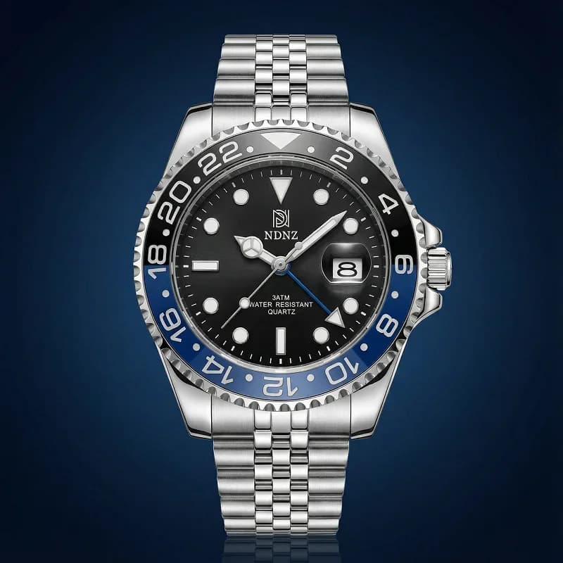 Orologio al quarzo da uomo stile NDNZ, impermeabile 3ATM, cinturino Silver Jubilee in acciaio inossidabile, ghiera girevole 24 ore, datario