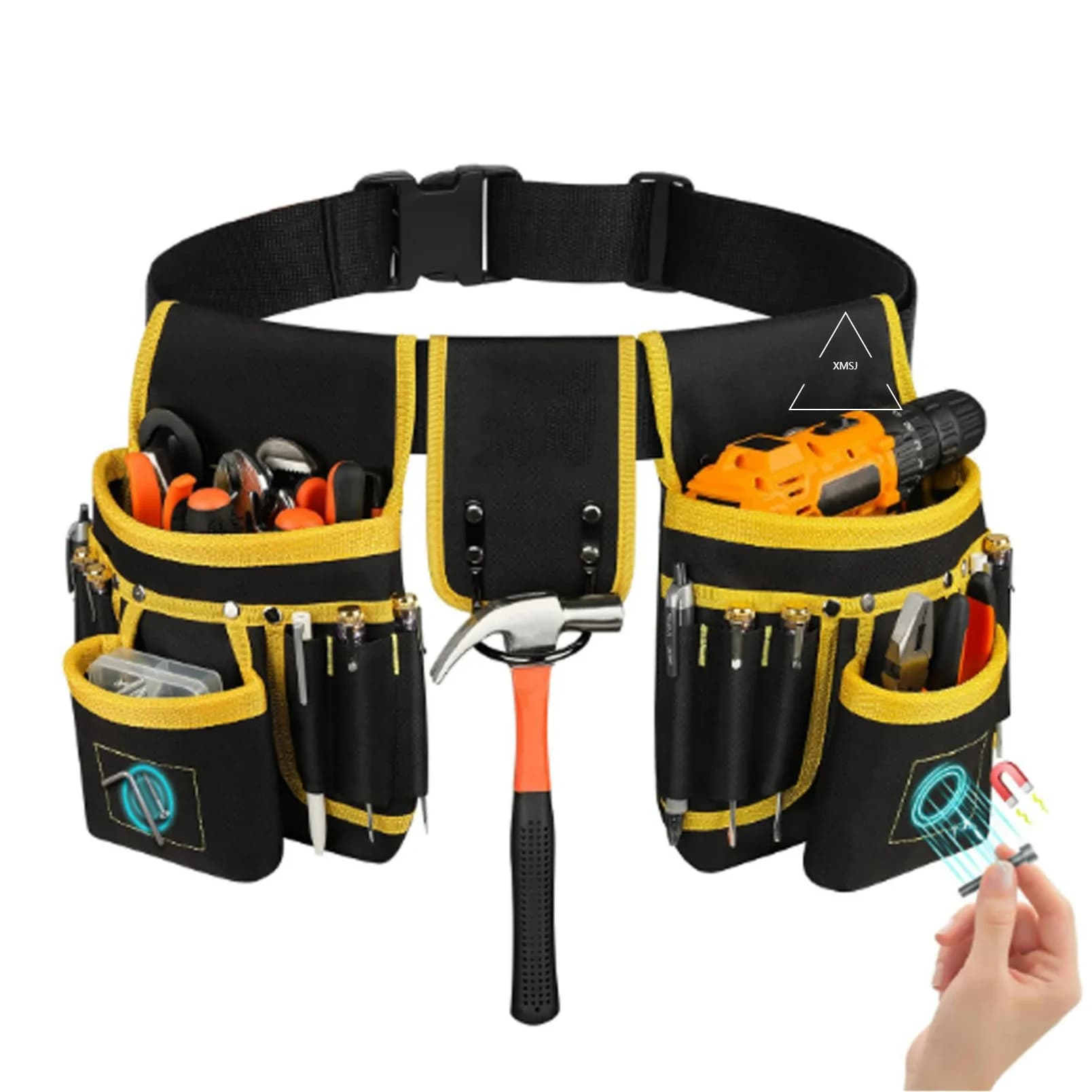 XMSJ Cintura portautensili magnetica da uomo, borsa portautensili resistente a 26 tasche, fondina magnetica per pistola chiodo staccabile e staffa in vita regolabile