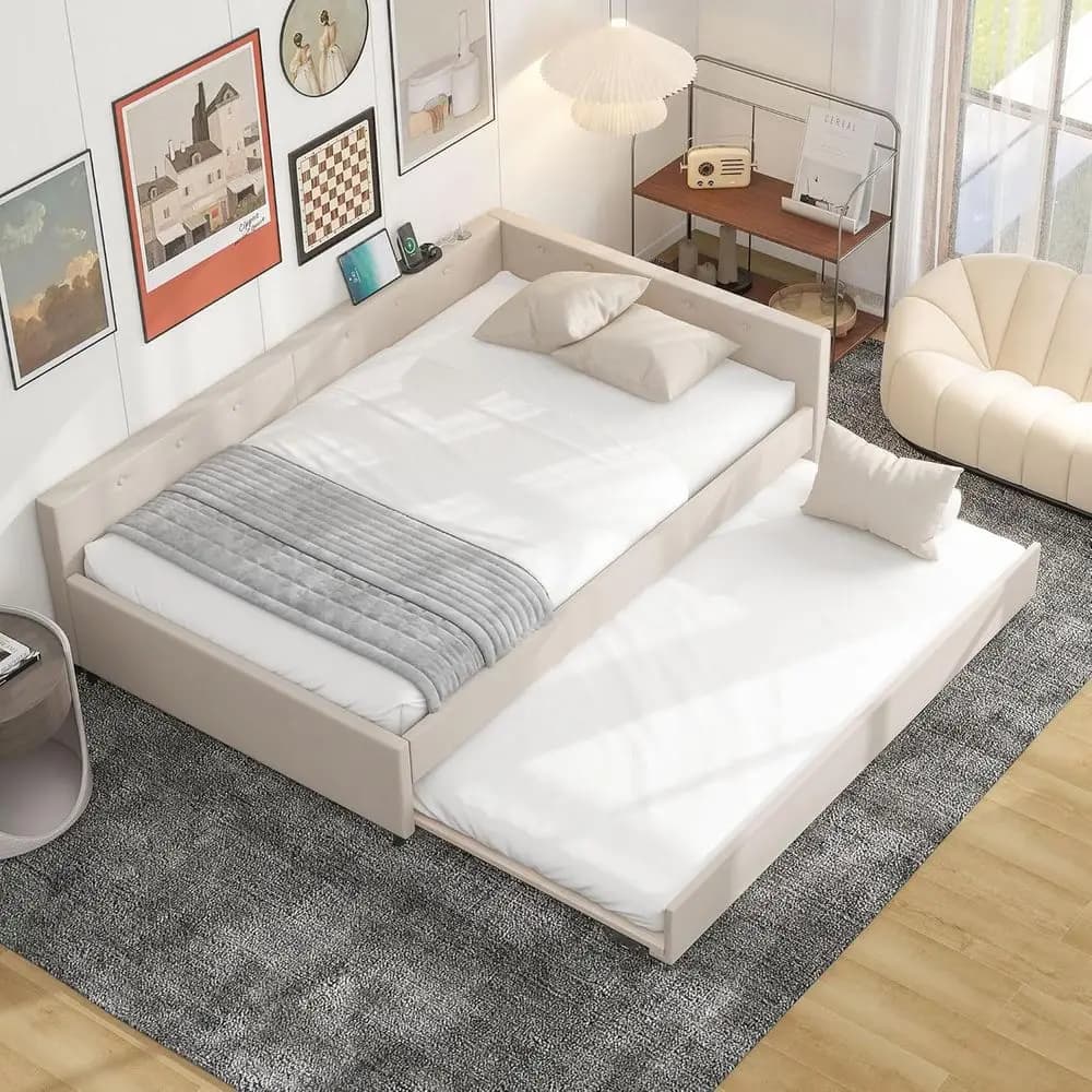 Twin Size Daybed with Storage, USB Port, and Trundle, Linen-Covered Platform Bed, Suitable for Daybed or Bedroom, No Box Spring