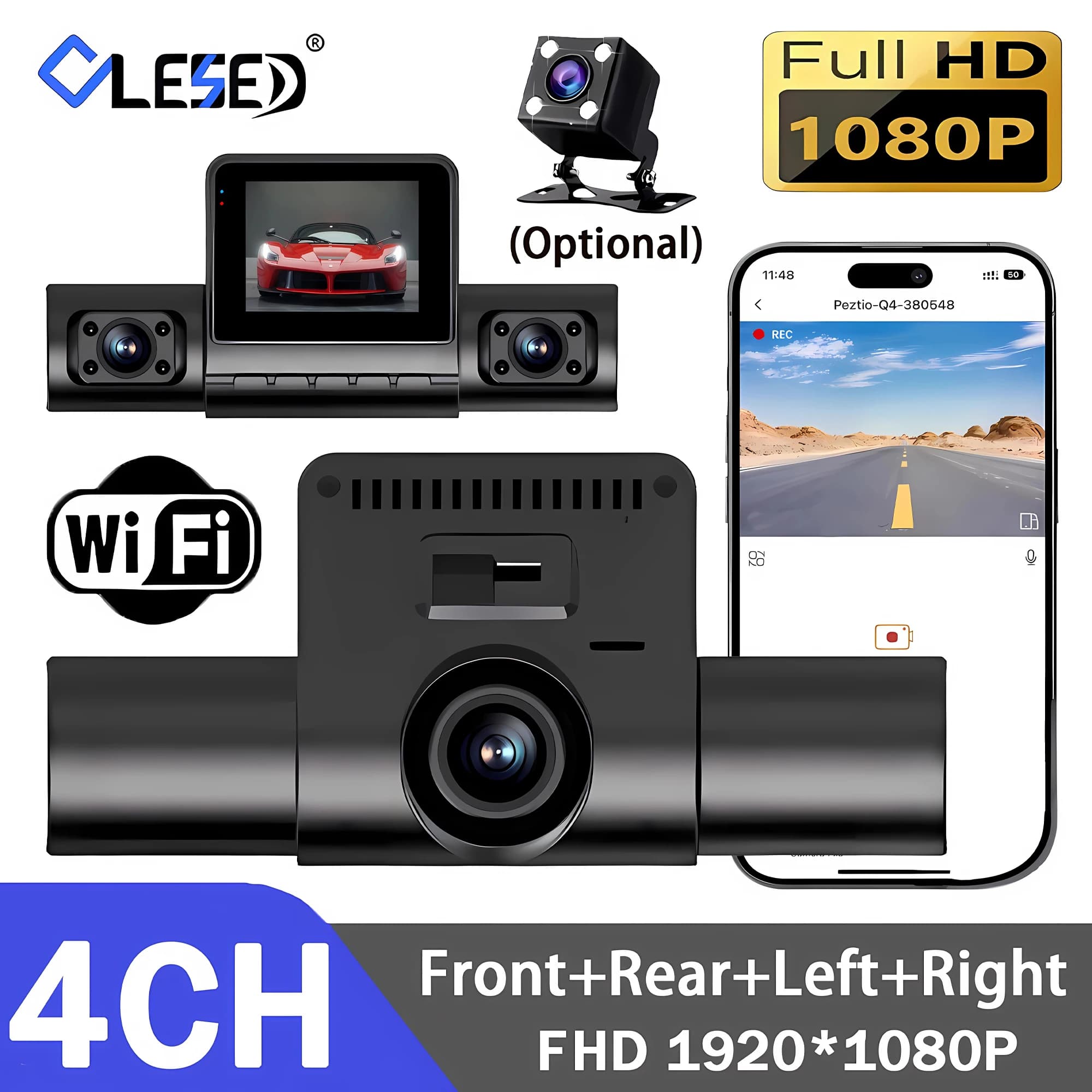 DVR Auto a 4 Canali Full HD 1080P con Wifi, Dash Cam con 4 Telecamere, Registratore Video con Visione Notturna, Telecamera per Cabina, Parcheggio 24 Ore