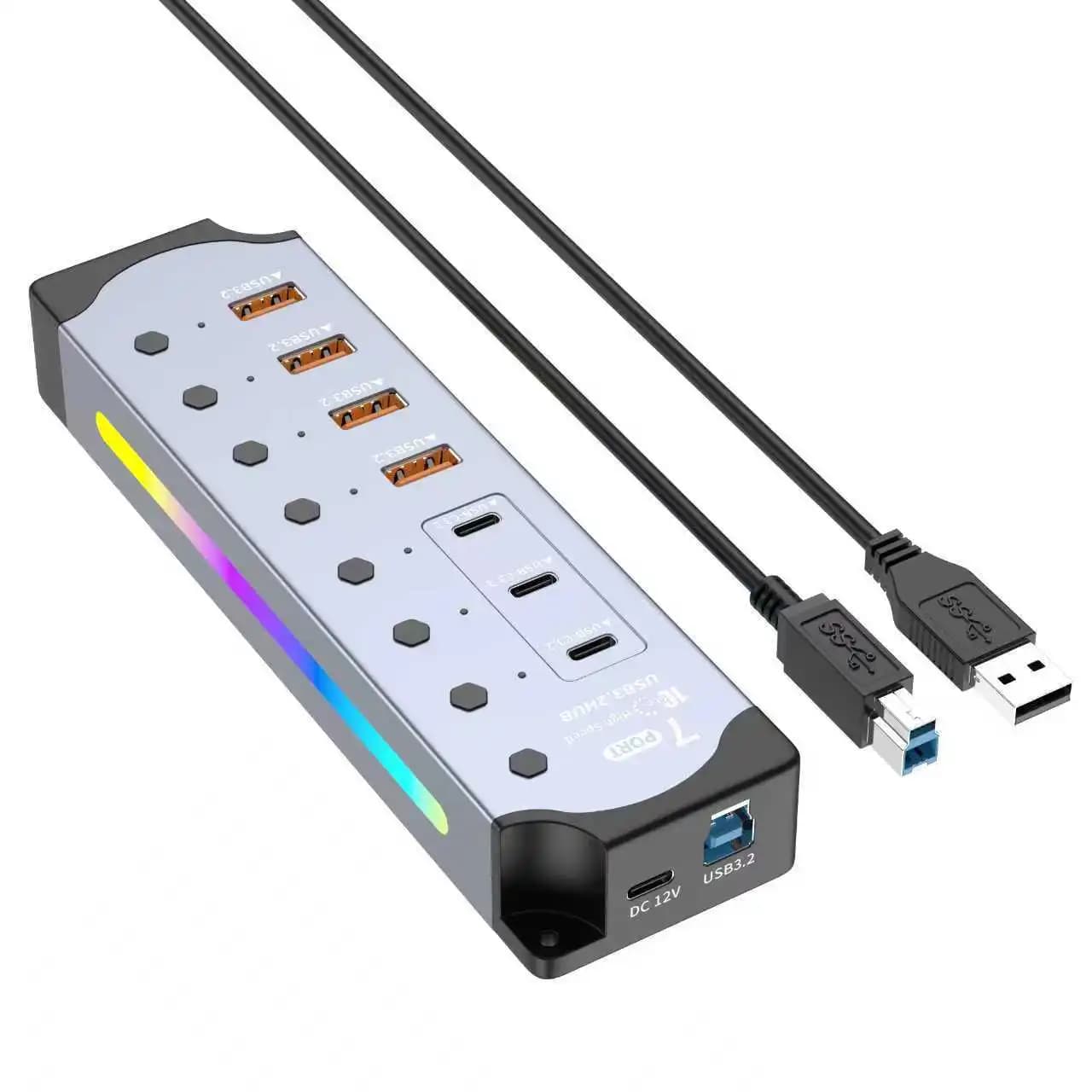 USB Hub C USB 3.2 7 Ports 10 Gbps USB-A Ports USB-C Splitter Individual Switches Expander Power Adapter US/EU 12V for Laptop PC