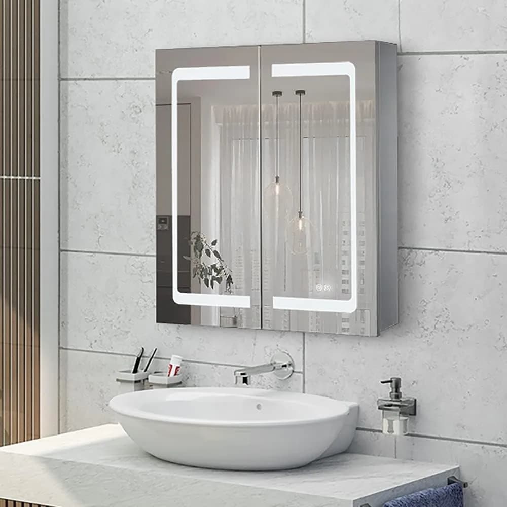 Il miglior armadietto a specchio a LED illuminato da 24 pollici x 28 pollici per armadietto dei medicinali a parete in acciaio inossidabile per bagno con interruttore doppio touch