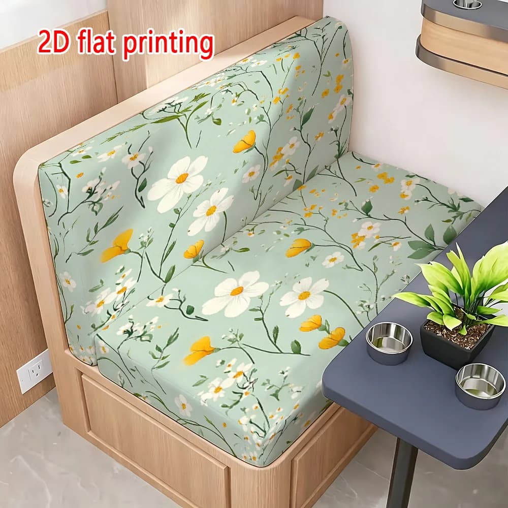 2pcs Soft mint green background with white daisy yellow flower branches pattern printed elastic car sofa cover