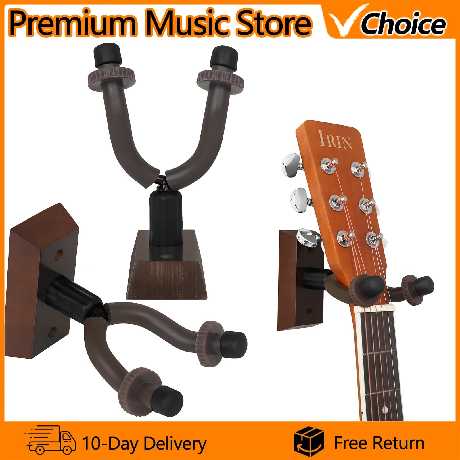 JYX-407 Walnut Wood Guitar Wall Mount Hanger Sturdy Metal Hook with Rubber Coating 2 Expansion Screws for Guitar Bass Ukulele