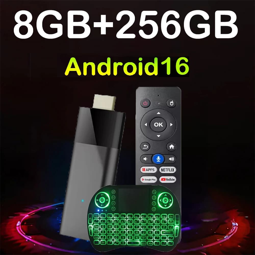Smart TV Stick Q12 8K Android 16 con Telecomando Vocale, Bluetooth 6.0, H313, Dual Wifi 5G, 4K, 8GB 128GB 256GB, Assistente Google, Lettore Multimediale