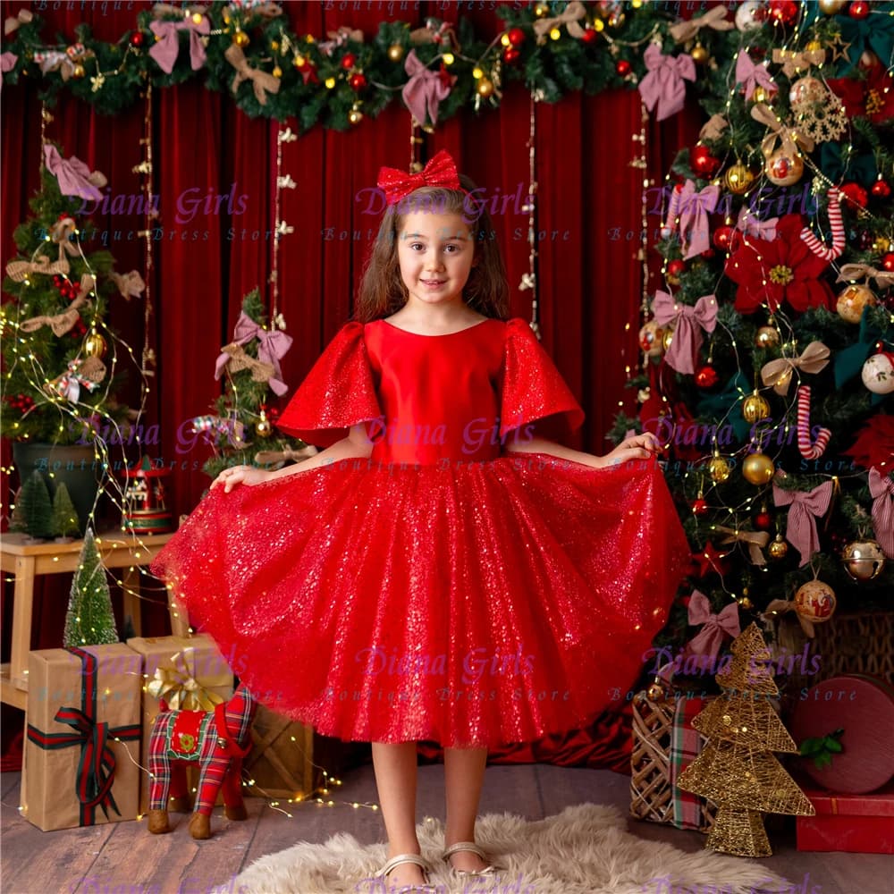 Bellissimo vestito rosso da ragazza di fiore di Natale in tulle con paillettes soffici per bellissimi abiti da ballo da sera per feste di compleanno per bambini personalizzabili