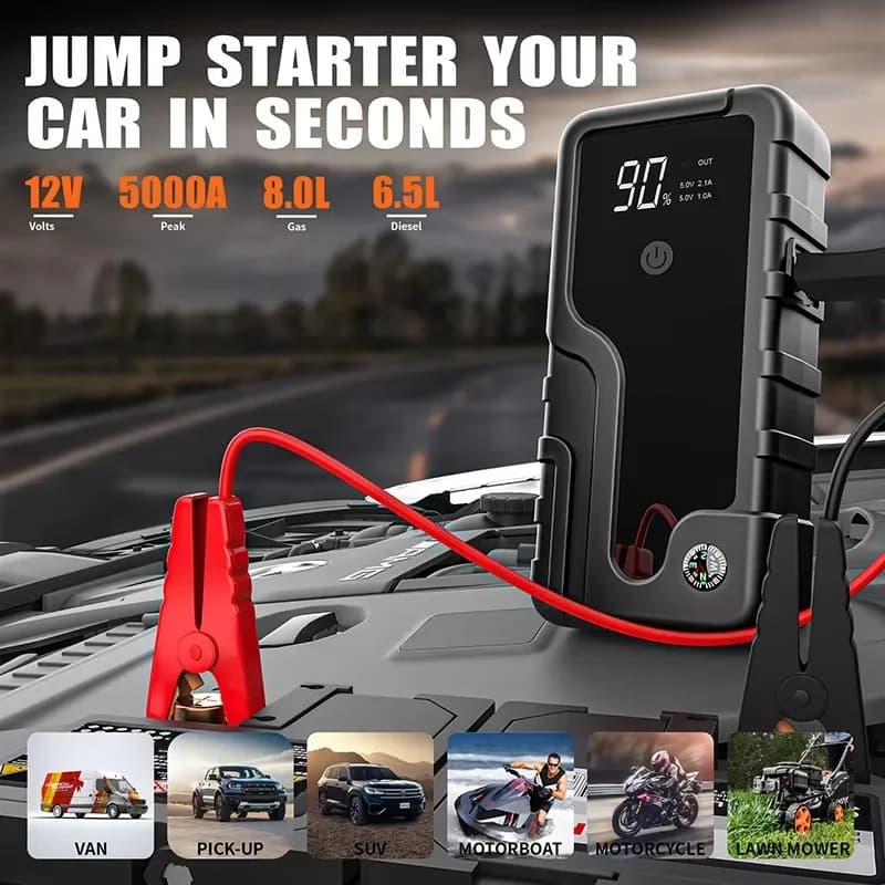 Avviatore di emergenza per auto 12V 4 in 1, compressore d'aria wireless per gonfiaggio pneumatici, power bank, batteria portatile con ricarica rapida.