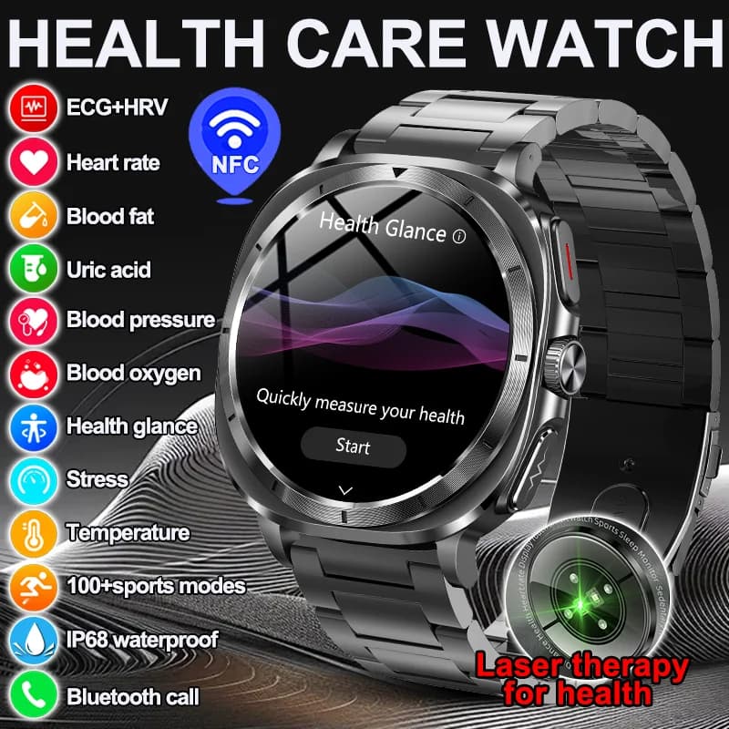 2025 Nuovo Terapia Laser Astuto Della Vigilanza ECG + HRV Acido Urico Lipidi Nel Sangue Orologio di Pressione Sanguigna NFC BT Chiamata Uomini Assistenza Sanitaria Smartwatch