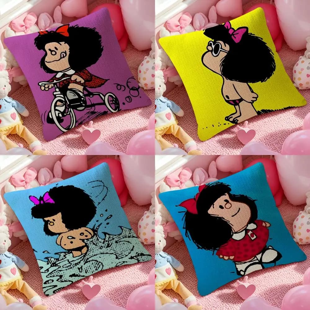 Cartoon Anime M-Mafalda Fodera per cuscino in lino naturale stampato, fresca e traspirante, per soggiorno, camera da letto, divano