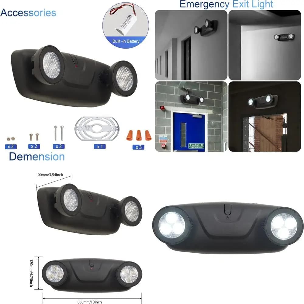 Luci di Emergenza a LED con Batteria, 2 Apparecchi Regolabili, Certificazione UL, AC 120/277V, Cablate - Confezione da 6 (Nero)
