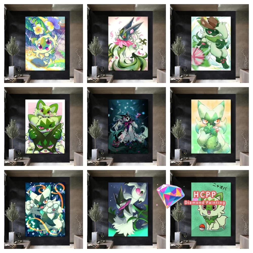 Kit Pittura Diamante Pikachu Floragato Sprigatito Meowscharada, Diamanti Quadrati e Rotondi, Mosaico 5D Fai da Te, Arte Fatta a Mano, Regalo, Decorazione Casa