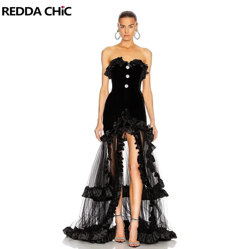 ReddaChic Corsetto di cristallo Abito da festa Punto nero Tulle Orlo irregolare con volant Abito aderente fluido Abito da sera formale da donna Un pezzo