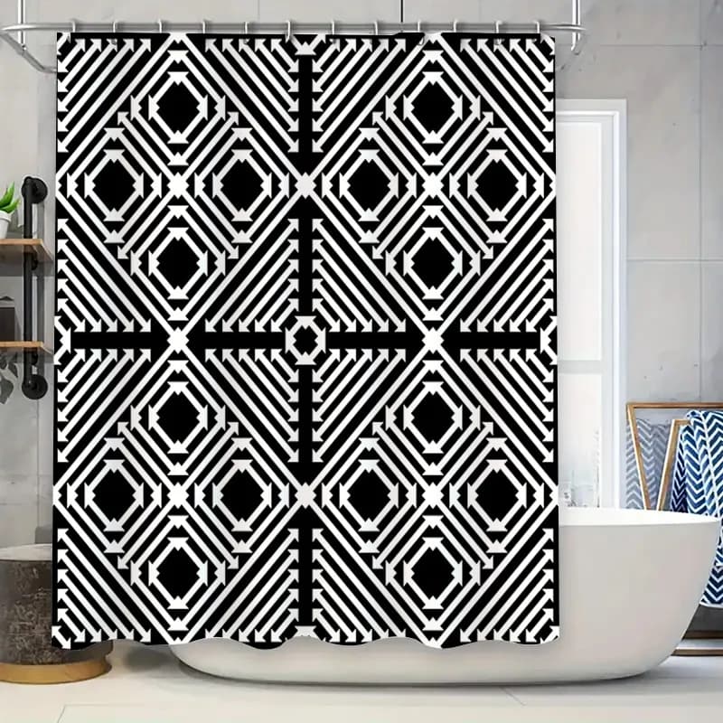 Tenda da doccia con motivo geometrico bianco nero Decorazione da bagno impermeabile Decorazione per la casa Tessuto in poliestere stampato 3D con anelli