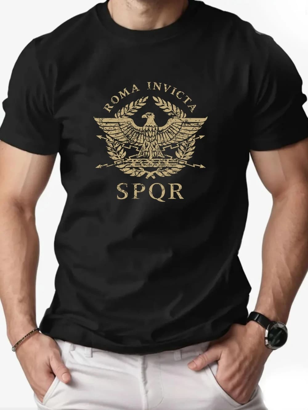 T-Shirt da Uomo in Cotone con Grafica SPQR, Casual, Girocollo, Manica Corta, Estiva, Traspirante e Comoda per Abbigliamento Casual