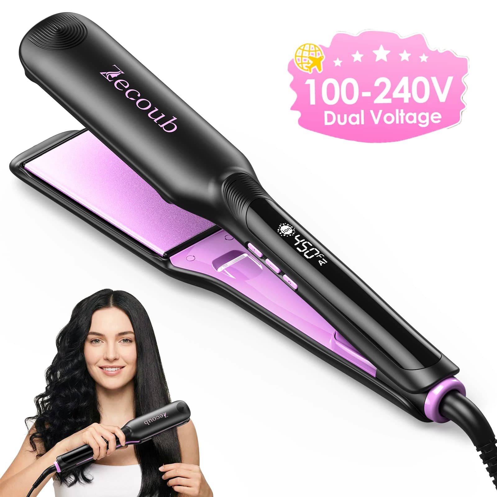 100V-240V Dual Voltage, Wide Hair Straightener for Women, Ceramic Ionic Technology Anti-Frizz Tool, Fast 20s Heat-Up, 9 Temp Settings 250-450°F, 1.75Inch Ceramic Flat Iron for Thick, Natural, Coily & Curly, Long Hair, At-Home Silk Pres