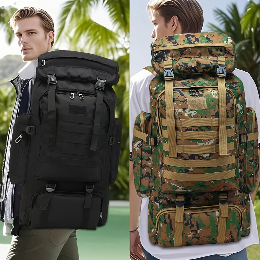 Set Zaino Tattico da Escursionismo 80L - Unisex Camo/Nero, Tessuto Oxford Resistente, Sistema DIY e Design Regolabile, Zaino d'Assalto per 3 Giorni