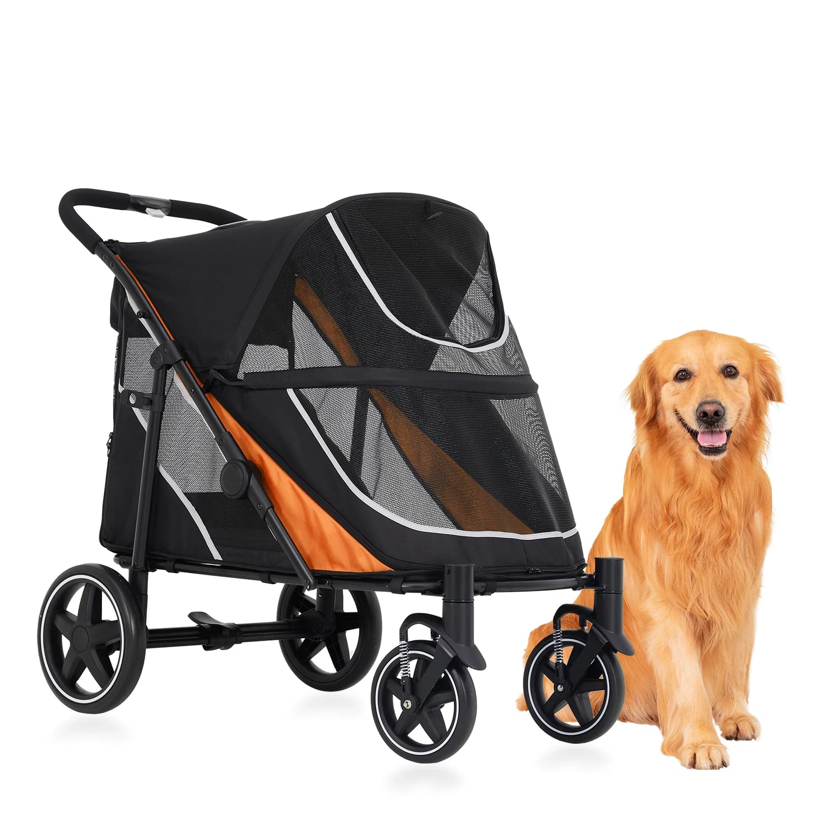 Passeggino per Cani e Gatti di Taglia Media e Grande, Carrello Pieghevole con Una Mano, per Tutti i Terreni, Doppio Ingresso, Fodera Rimovibile e Lavabile