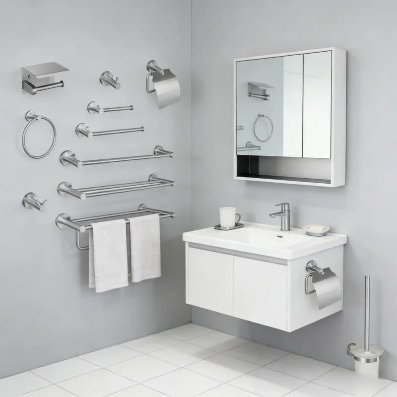 Accessori Bagno in Acciaio Inox 304 Finitura Nichel Spazzolato: Portasciugamani, Portarotolo, Portasapone, Barra Portasciugamani