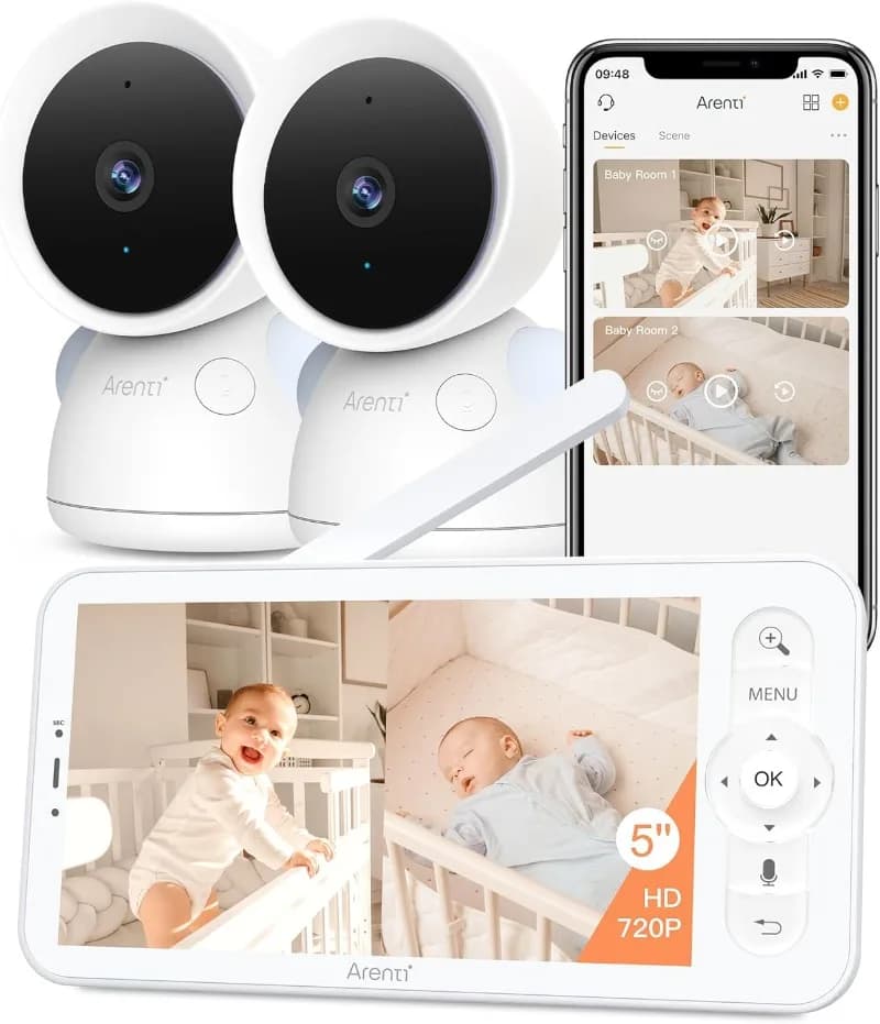 Baby monitor con 2 telecamere, telecamera e audio WiFi 6 2K/3MP, schermo wireless da 5 pollici, app per smartphone, visione super notturna (set D3)