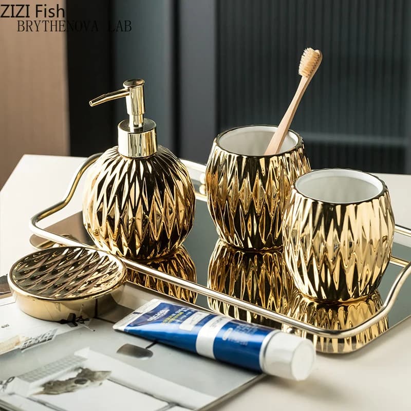 Light Luxury Electroplated Ceramic Wash Set Creative Soap Dispenser Cup Mouthwash Soap Dish Set Home Bathroom Accessories