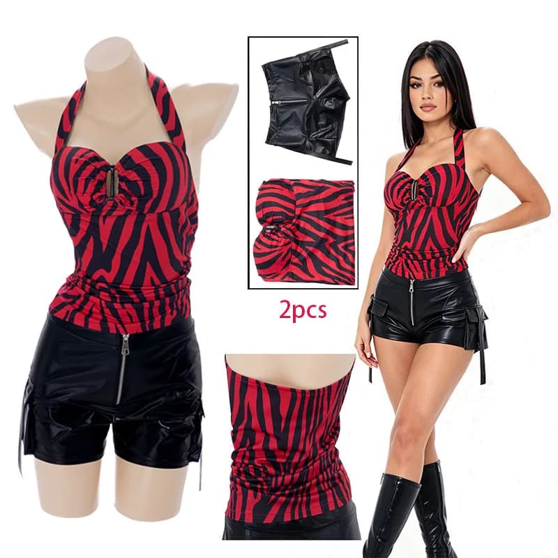 WHH 2026 new style Nikki Cosplay costume red zebra pattern halter backless slim-fitting vest low-waisted leather shorts Lady SET