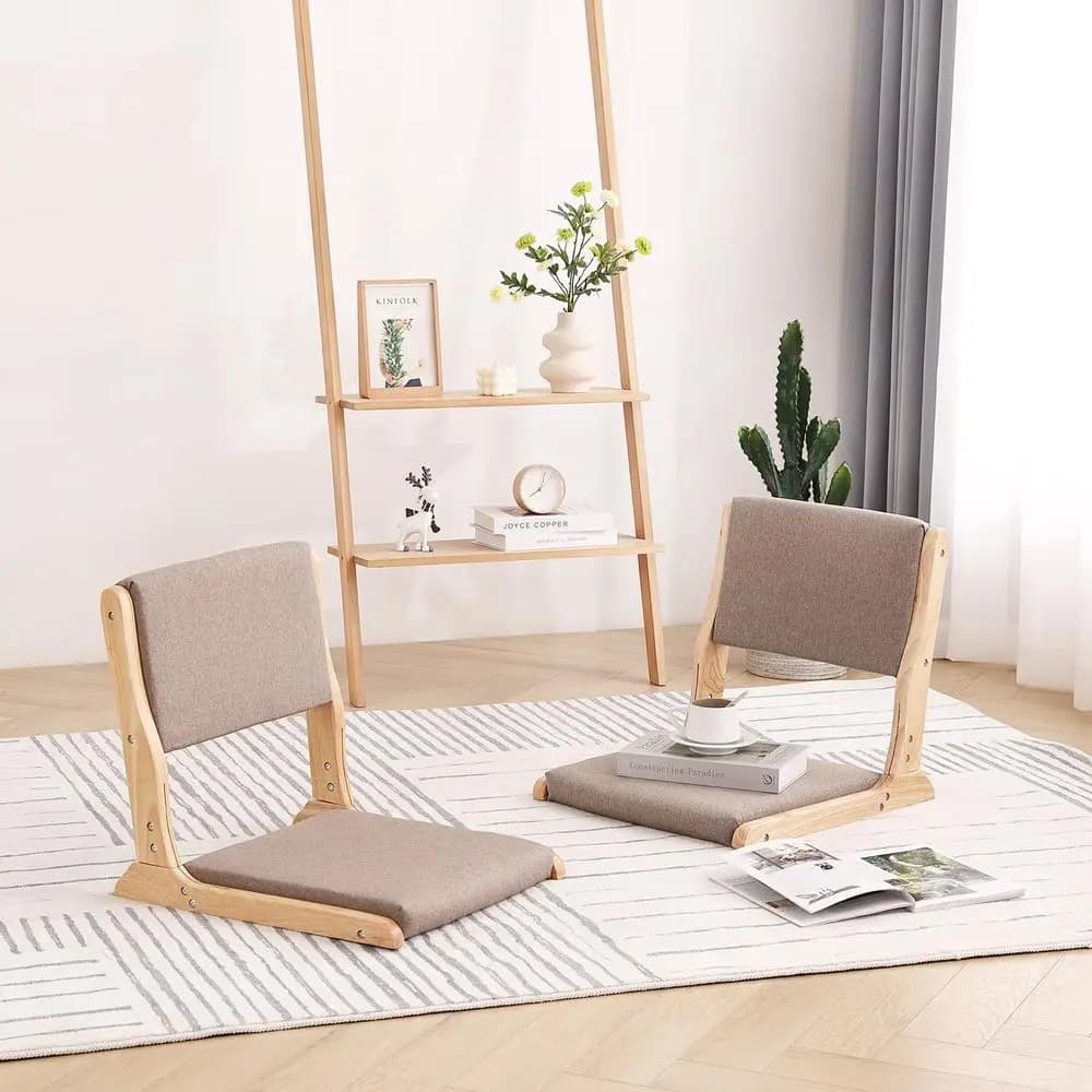 2Pcs Floor Games Chair, Foldable Meditation Tatami Chairs, Backrest Chair with Cushion, Living Room Chair Seat, Wood Grey