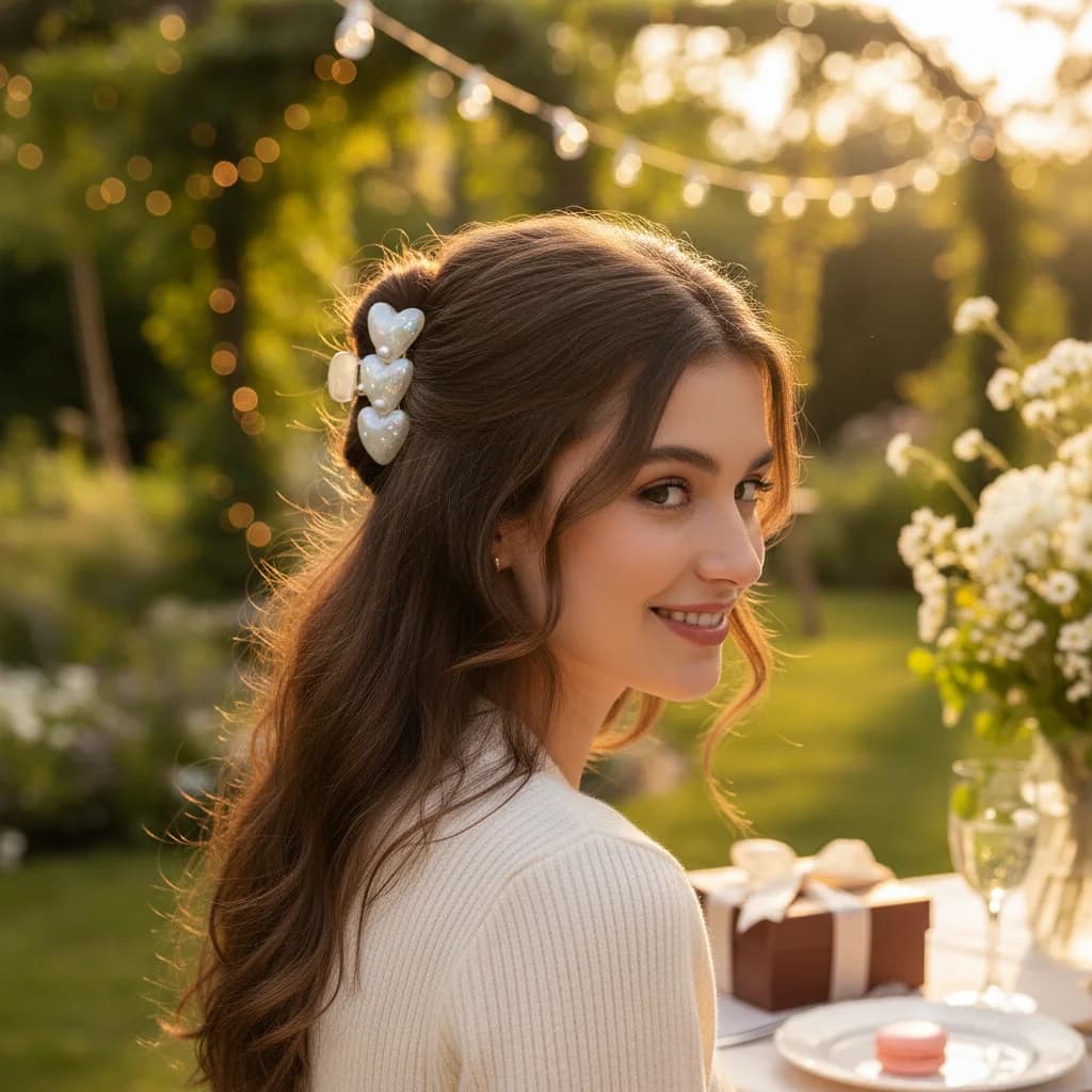 Fermaglio per capelli a forma di cuore da donna con decorazione di perle, adatto per l'uso quotidiano e per le feste