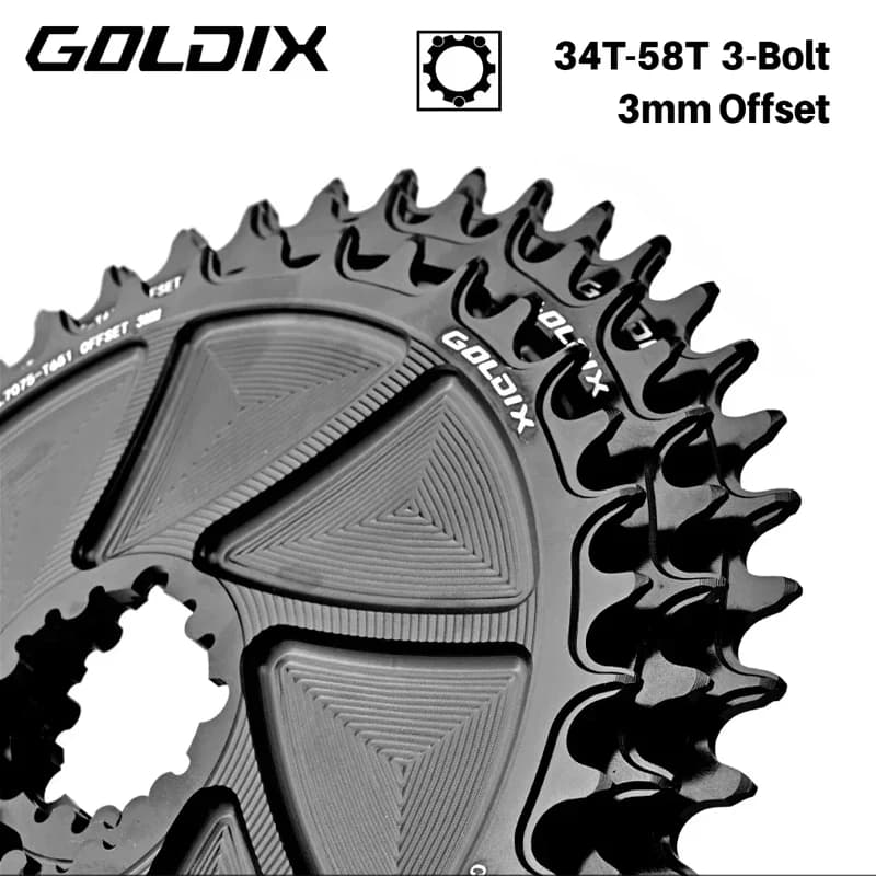 Corona per bicicletta GOLDIX a 3 bulloni con offset da 3 mm - Corona AERO con lavorazione CNC con denti larghi e stretti compatibile con guarnitura a 3 bulloni
