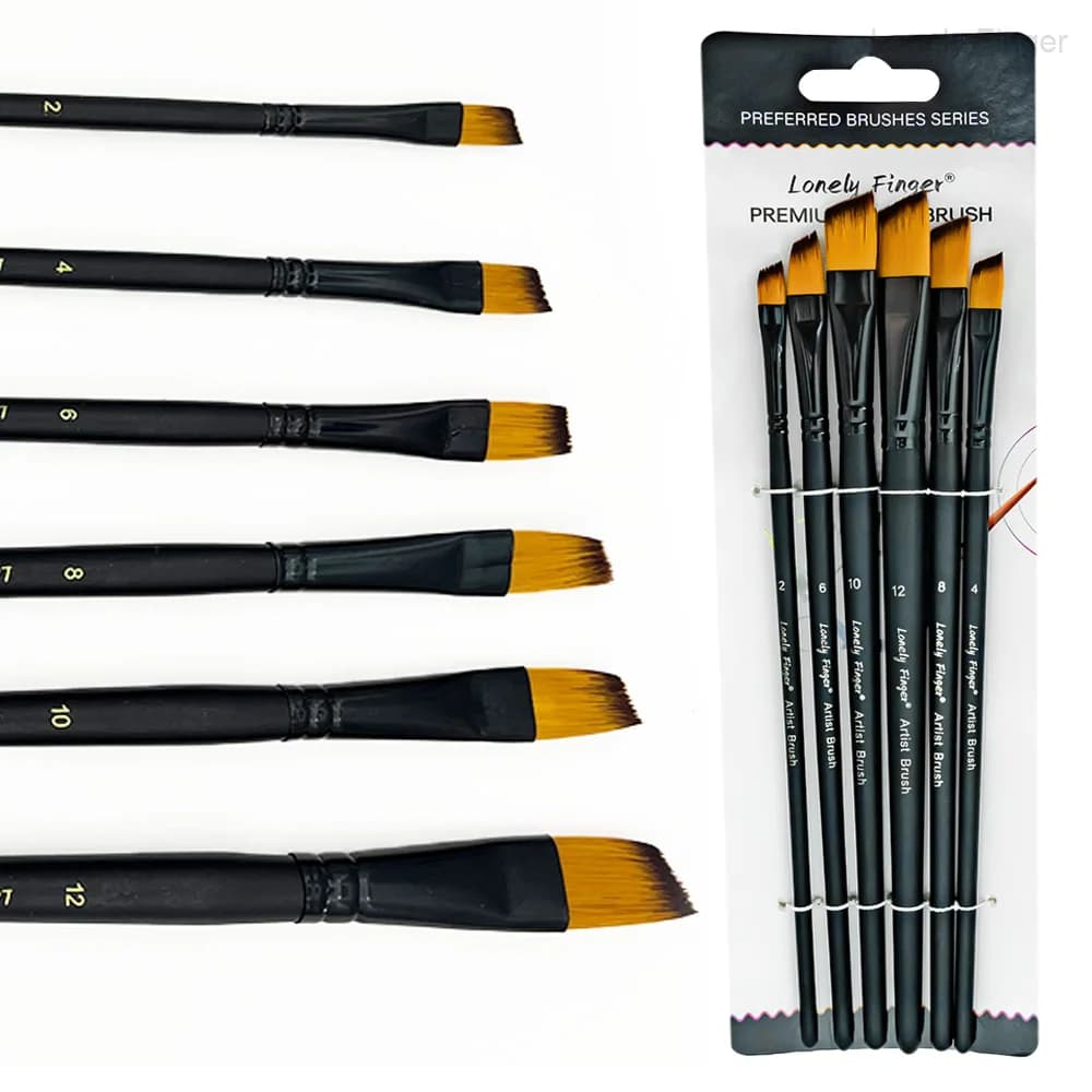 6pcs Artist Angle Paint Brushes Set - Soft Anti-Shedding Nylon Hair Wood Handle Paint Brush Set for Acrylic Watercolor Oil Gouc