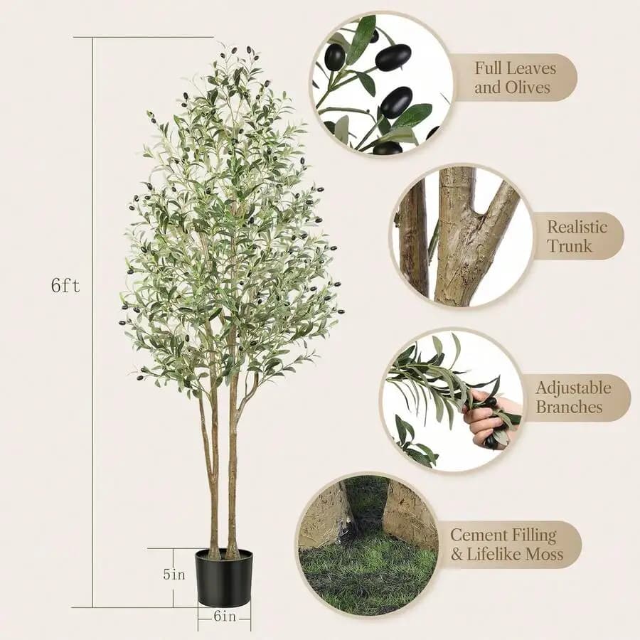 Artificial Olive Tree - 4-7FT(48in-84in) Tall Faux Silk Plant With Natural Wood Trunk & Lifelike Fruits - Perfect For Modern Hom