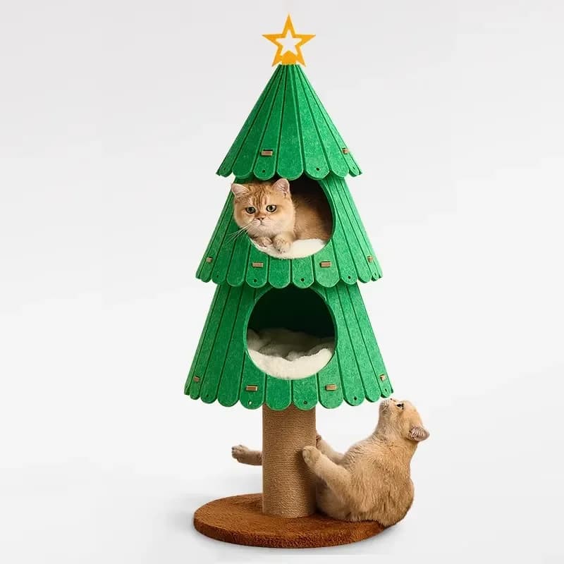 Large Christmas Tree Shaped Cat Climbing Frame with Felt Particle Board and Hemp Rope for Festive Atmosphere