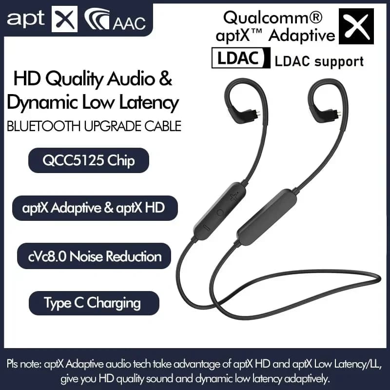 Wireless Bluetooth cable with QCC5125 LDAC/aptX Adaptive/aptX-HD HIFI MMCX/2PIN/IE80/QDC/A2DC/IE40PRO headset cable